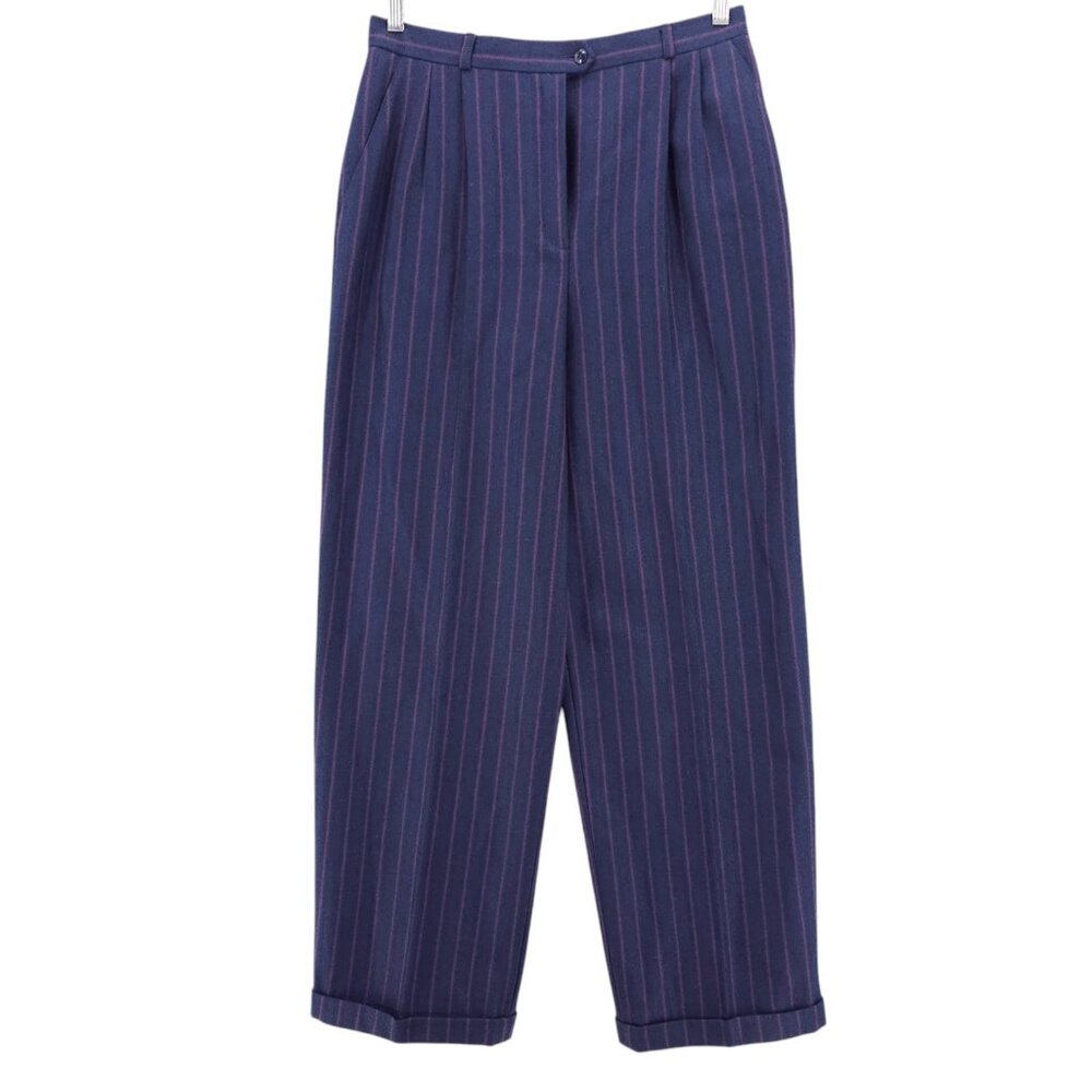 Le Painty Paris Vtg Pleated Wool Pants High Rise Herringbone Stripe Cuffed Sz 44